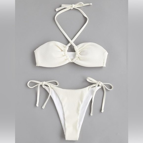 Other - White Halter Rib Lace up Bikini Set